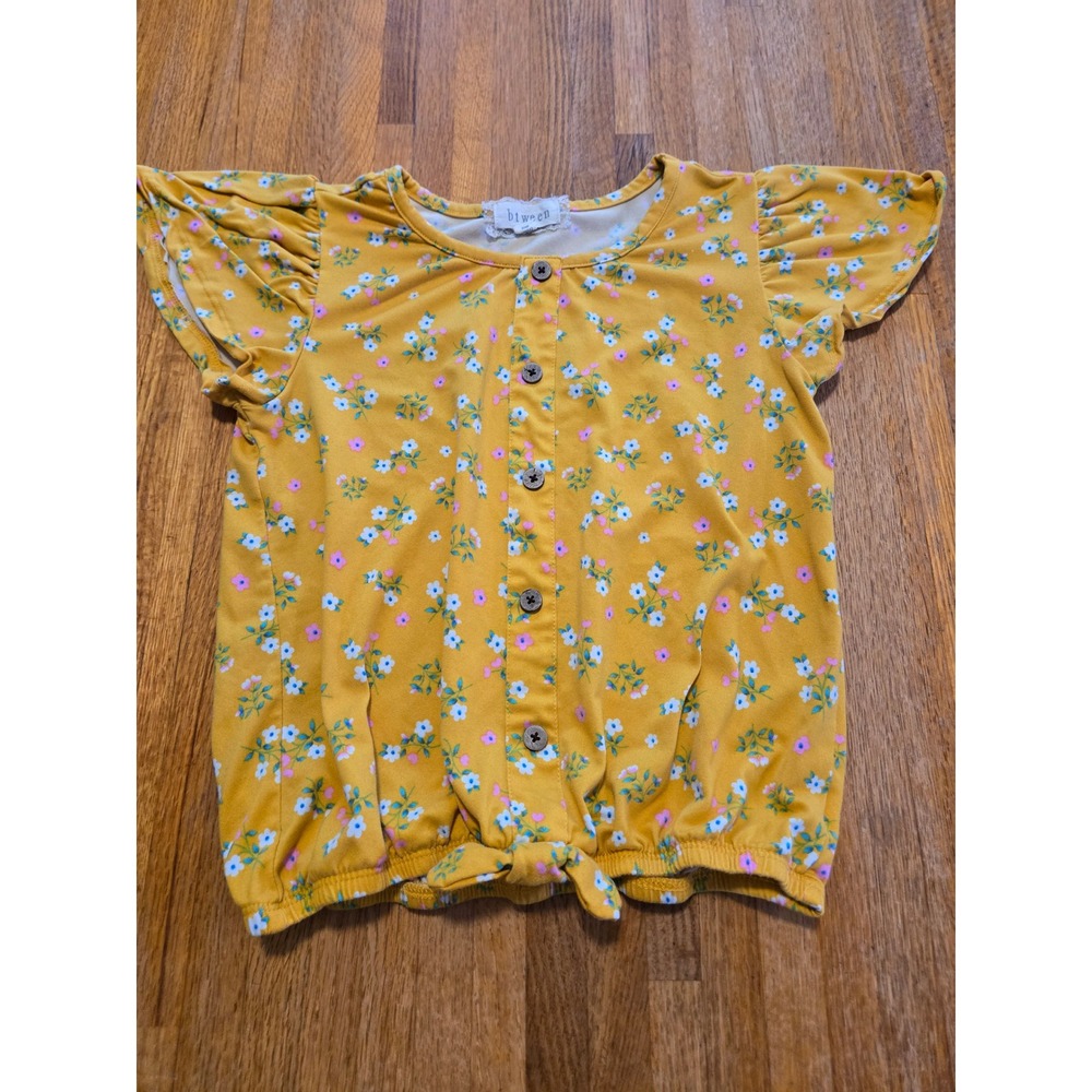 btween Girl 10 Mustard Floral Faux Button-Up Tie-Front Elastic Hem BOHO Shirt